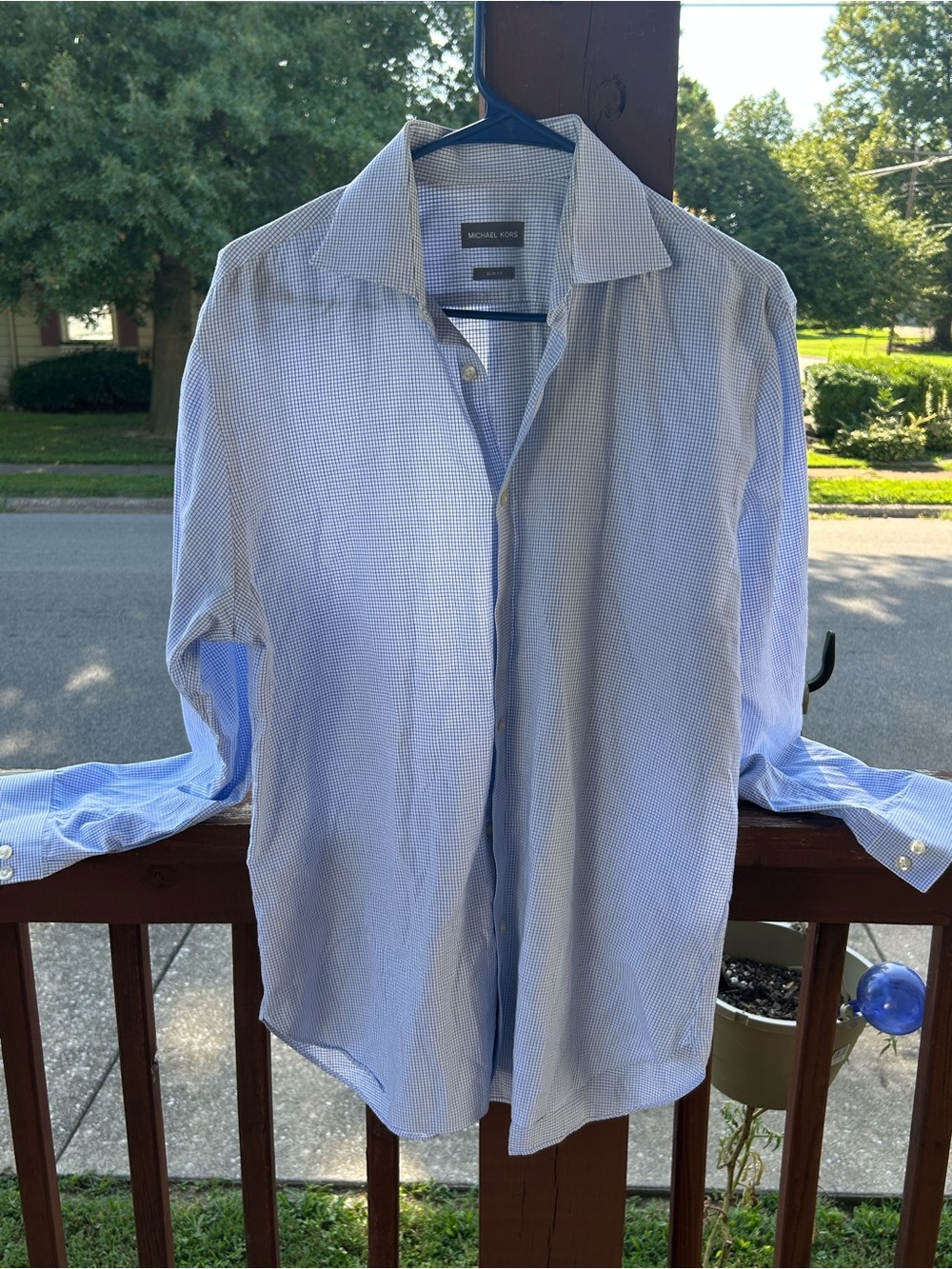 Michael Kors Light Blue Check Dress Shirt 16 32/33